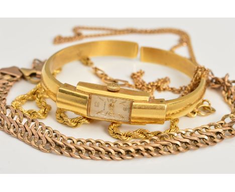 AN 18CT GOLD LADIES WRISTWATCH, A CHAIN AND TWO NECKLACES, the Rodania bangle design wristwatch with sprung torque style arms