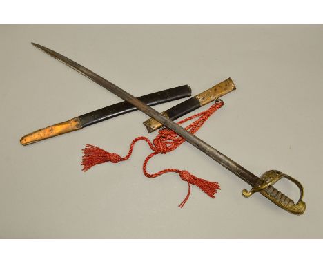 A LATE BELIEVED 19TH CENTURY OFFICERS SWORD AND METAL AND LEATHER SCABBARD, which is broken in two places, where the leather 