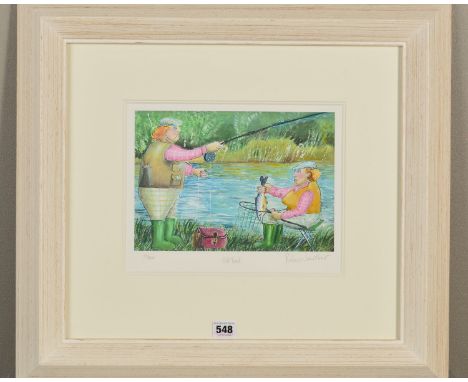 REBECCA LARDNER (BRITISH 1971) 'OLD TROUT' a limited edition artist proof print 19/20, two ladies fly fishing, signed and tit