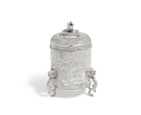 A CHINESE EXPORT SILVER CYLINDRICAL BOX AND COVERWang Hing, Hong Kong, circa 1900, stamped WH, character mark and 90Set on th