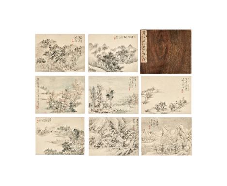 DONG GAO (1740-1818)Landscapes, 1763Album of eight leaves, three ink on paper, five ink and colour on paper, each leaf inscri
