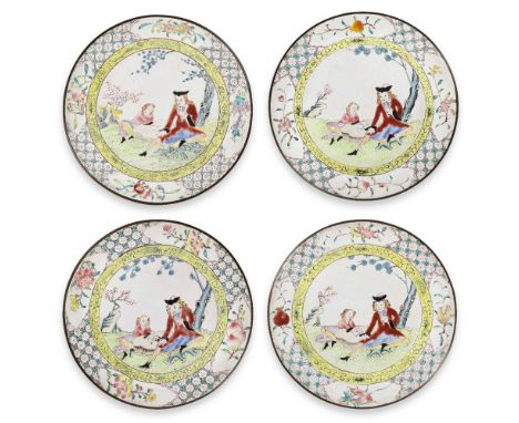 A SET OF FOUR PAINTED ENAMEL 'EUROPEAN FIGURES' SAUCER-DISHESYongzheng/early QianlongEach decorated with a European gentleman