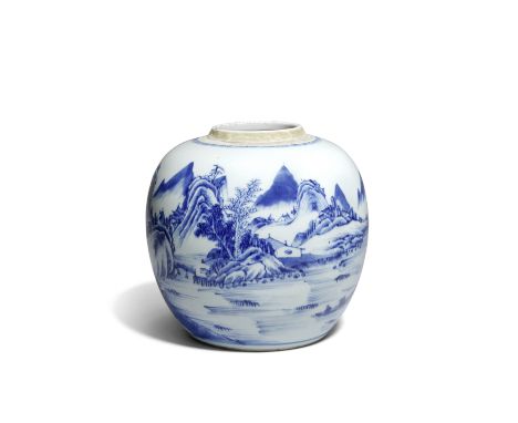 A BLUE AND WHITE 'LANDSCAPE' JARKangxiDecorated with a continuous scene of pavilions nestled amongst pine and rockwork in a m