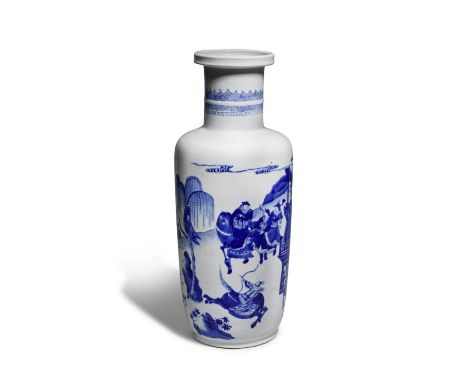 A BLUE AND WHITE 'ROMANCE OF THE THREE KINGDOMS' ROULEAU VASEKangxiPainted around the exterior with a scene from The Romance 
