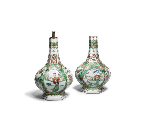 A PAIR OF FAMILLE VERTE VASESKangxiEach of hexagonal pear-shape with quatrefoil panels alternating with decoration of ladies,