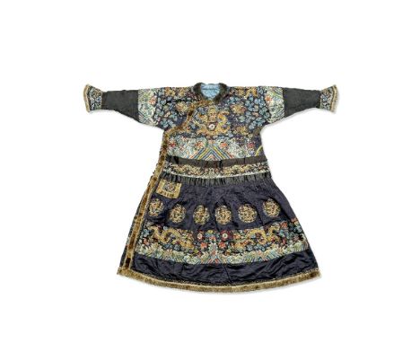 A MIDNIGHT-BLUE GROUND FORMAL 'DRAGON' ROBE, CHAOPAOLate Qing DynastyThe upper half decorated in gold wrapped threads with fo