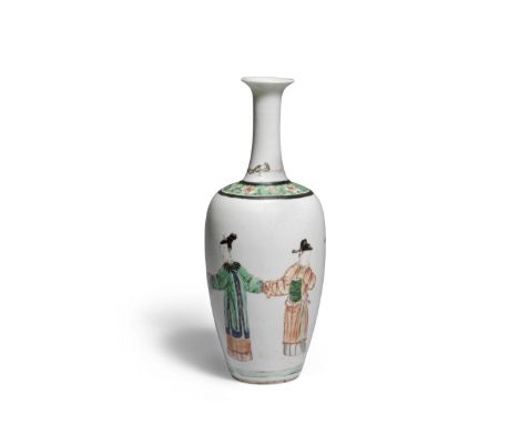 A FAMILLE VERTE FIGURAL VASEKangxiThe oviform body decorated with two gentlemen greeting a lady in a garden of plantain and r