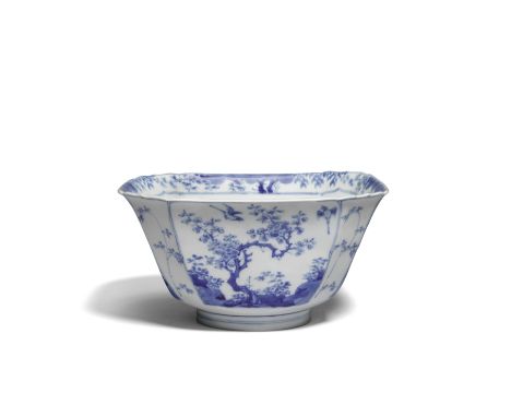 A BLUE AND WHITE SQUARE BOWLXuande six-character mark, KangxiWith canted barbed-rim corners, decorated with garden scenes wit