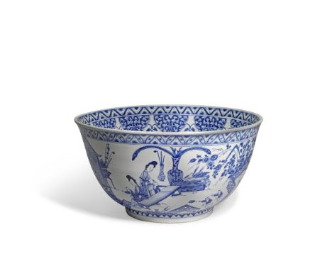 AN EXTREMELY LARGE BLUE AND WHITE 'LADIES AND BOYS' BOWLKangxiDecorated around the exterior with scenes of ladies and boys at