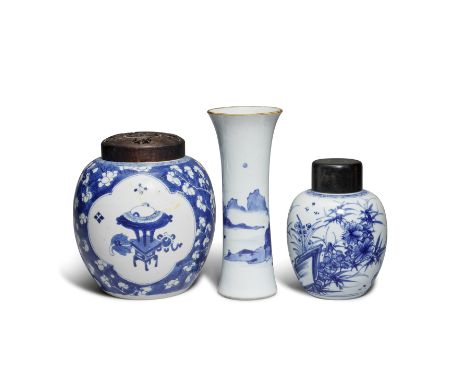 TWO BLUE AND WHITE JARS AND A BEAKER VASEKangxiComprising: a ginger jar decorated with panels of antiques on a prunus and cra