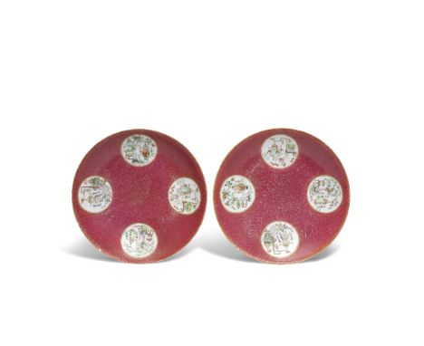 A PAIR OF RUBY-GROUND FAMILLE ROSE SGRAFFIATO 'MEDALLION' DISHESJiaqing six-character mark, Republic PeriodThe interiors deco