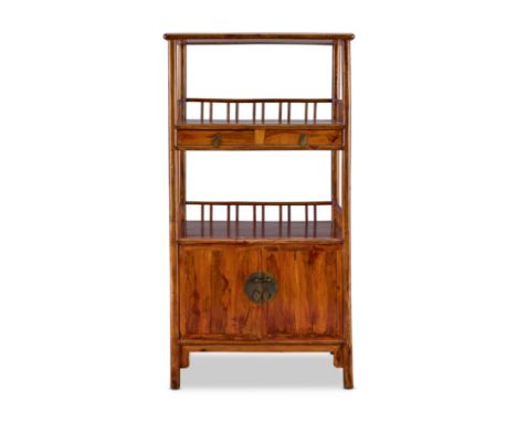 A HUANGHUALI WOOD CABINET20th centuryThe top panel and two shelves supported on a rectangular frame with rounded corner posts