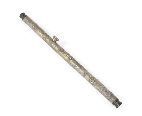 A PARCEL GILT CHINESE EXPORT SILVER OPIUM PIPE19th centuryDecorated in relief with scenes of gentlemen and attendants in tree