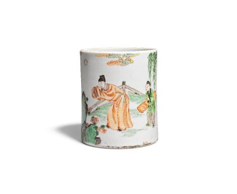 A FAMILLE VERTE 'MI FU' BRUSHPOT, BITONGKangxiFinely potted of cylindrical form and enamelled around the exterior with the sc