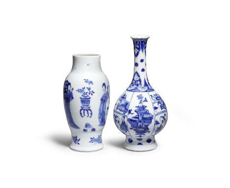 A BLUE AND WHITE 'LADIES' VASE AND A BLUE AND WHITE BOTTLE VASEKangxiThe first of slender ovoid form decorated with elegant l
