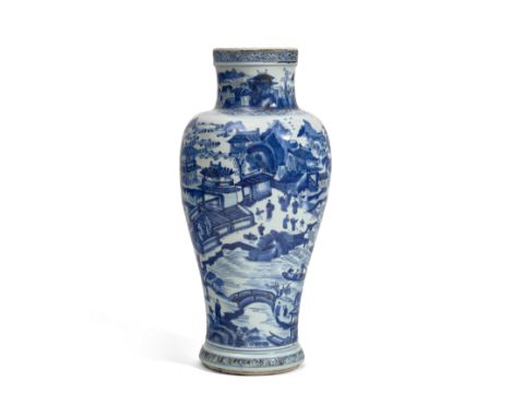 A BLUE AND WHITE 'LANDSCAPE' VASEKangxi Of elegant baluster shape rising from a stepped foot to swelling shoulders, surmounte