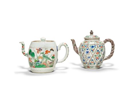 TWO FAMILLE VERTE TEAPOTS AND COVERSKangxiComprising: a moulded teapot with floral panels enclosed within simulated rope bind