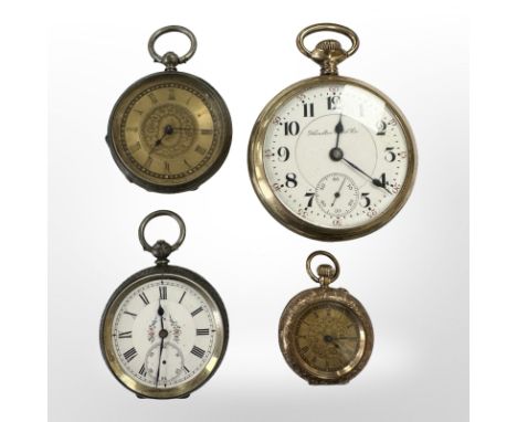 A Victorian 9ct gold backed fob watch, together with two Continental silver fob watches and a further Hamilton Watch Company 