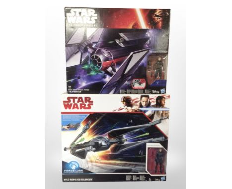 Two Hasbro Disney Star Wars models, Kylo Ren's Tie Silencer and First Order Special Forces Tie Fighter, boxed.