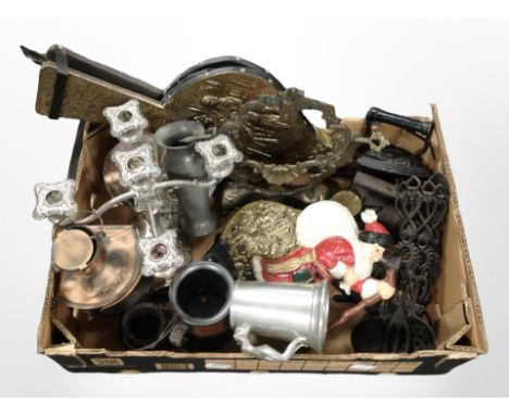A group of metal wares including silver-plated five-sconce candelabrum, brass-mounted bellows, pewter tankards, ship's lamp, 
