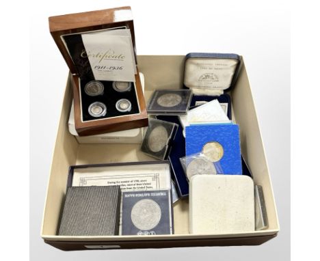 A George V four coin Maundy set in box, together with further coins including Crowns, £1 first day issue 1983 etc.