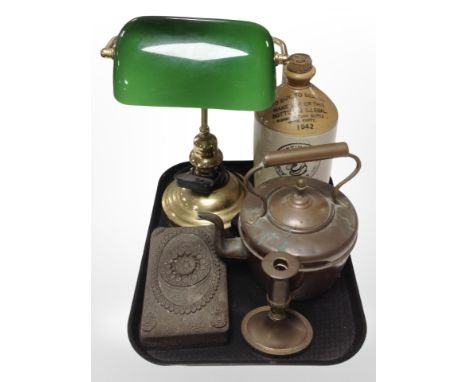 A brass Banker-style desk lamp with a stoneware flagon bearing Fentiman's advertising, a Victorian copper kettle, plated cand