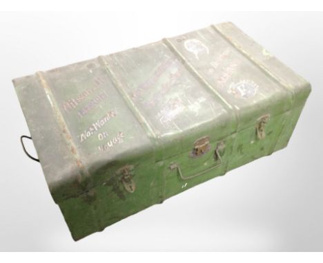 A vintage painted tin trunk, width 74cm.