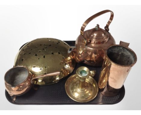 Three 19th-century copper kettles, a further tankard, a brass ejector candlestick, etc.