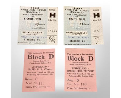 A 1966 World cup ticket Chile / Italy July 13th, Italy / USSR July 16th, 4th November 1953 Sunderland / Rapid Vienna, 1953 Su