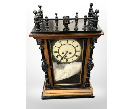 A part-ebonised late-Victorian wooden mantle clock, together with a barometer. CONDITION REPORT: Both parts with condition is
