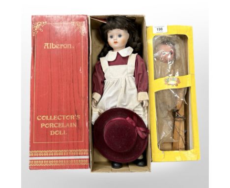 A Pelham puppet, 'Schoolmaster', in box, together with an Alberon porcelain doll.