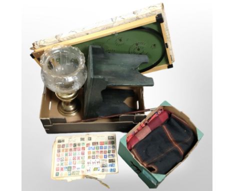 A bagatelle board, together with a painted pine cracket, brass oil lamp, tartan woollen throws, etc. (2 boxes)