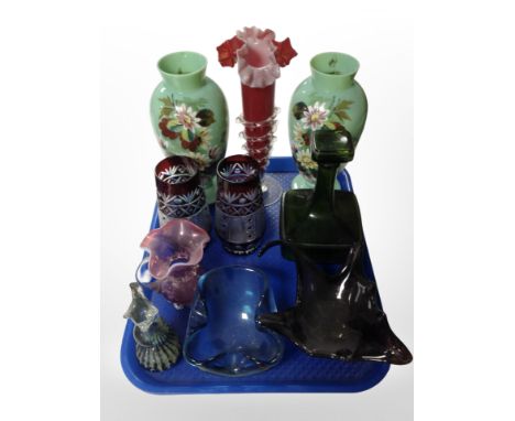 A group of antique and later glass ware comprising a pair of late Victorian opaque glass hand-painted vases, late-20th centur