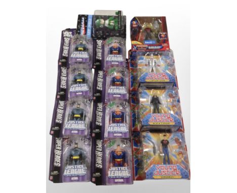 13 Mattel and Funko figurines including DC Universe, Justice League, Megaman, etc., boxed.