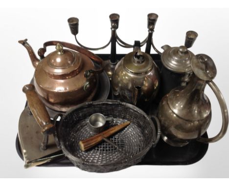 A group of metal wares including 19th-century copper kettle, pair of silver-plated candelabrum, teapot, jug, woven basket, vi