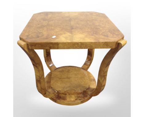 An Art Deco style high gloss figured walnut square lamp table, 60 cm x 62 cm 