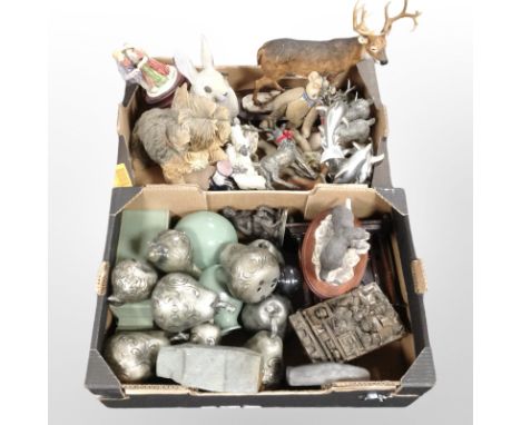 A quantity of animal ornaments, Chinese-style contemporary double gourd vase, silvered pear ornaments, Robert Olley plaque, m