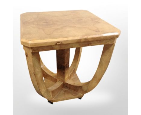 An Art Deco style high gloss figured walnut square lamp table, 52 cm x 59 cm