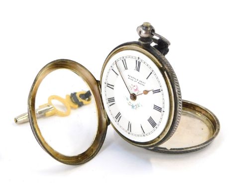 A Kendal and Dent silver lady's pocket watch, open faced, key wind, white enamel dial bearing Roman numerals with painted flo