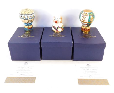 A group of Royal Worcester candle snuffers, comprising Clown, limited edition, 170/270, Up Up and Away, limited edition, 171/