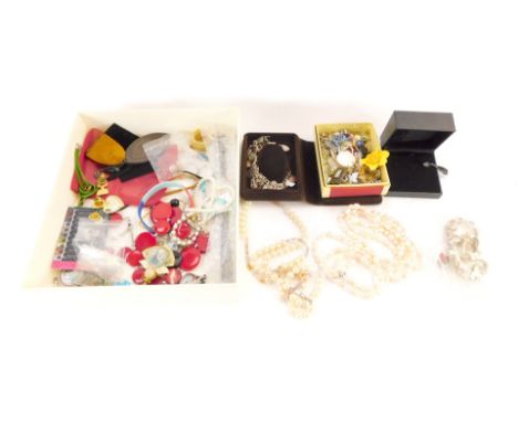 A group of costume jewellery and effects, comprising a silver charm bracelet, on curb link with heart shaped padlock and safe