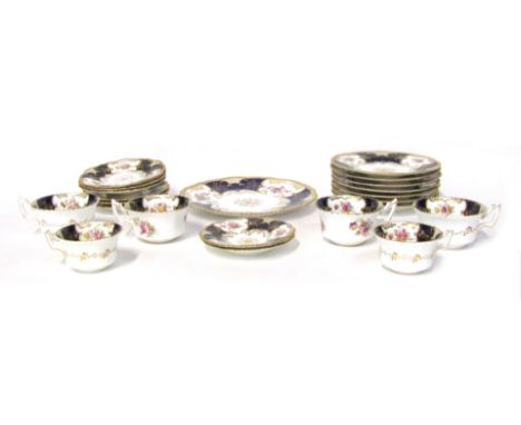 A Coalport porcelain tea service, comprising cups and saucers, cake plate, and side plates. (1 tray)