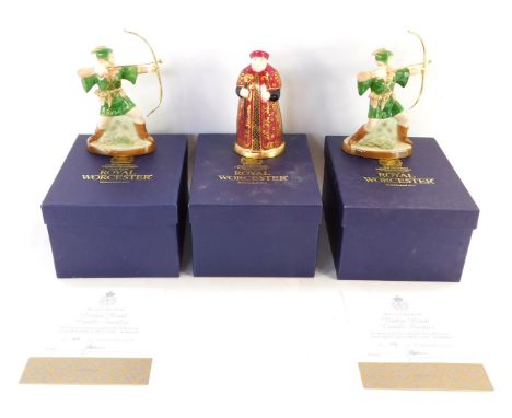 Three Royal Worcester candle snuffers, Robin Hood, limited edition, 65/250, Cardinal Wolsey, limited edition 385/500, and Rob