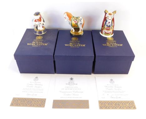 Three Royal Worcester candle snuffers, comprising Chinese Year of the Horse, Dragon, limited edition, 8/750, and Chinese Year