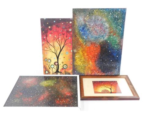 Myles Duncanson (20thC School).  A group  of pictures, comprising an oil on canvas tree scene titled Flower Power and dated 2