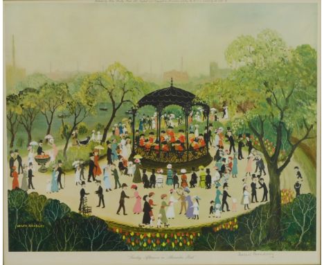 After Helen Bradley.  Sunday Afternoon in Alexandra Park, gilt stamped, print, dated 1977, 44cm x 52cm, framed and glazed.