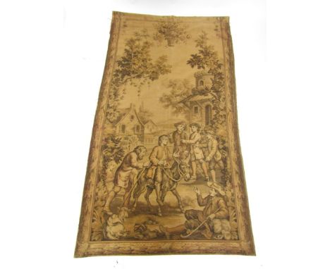 A 19thC Gobelin style tapestry wall hanging, depicting groups of children playing near outbuildings, with red backing, 220cm 