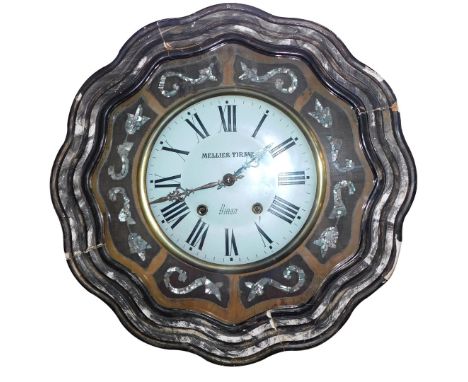 A 19thC French wall clock by Mellier Tiravi, Dinan, the ebonised waved outer surround with mother of pearl inlay, white ename