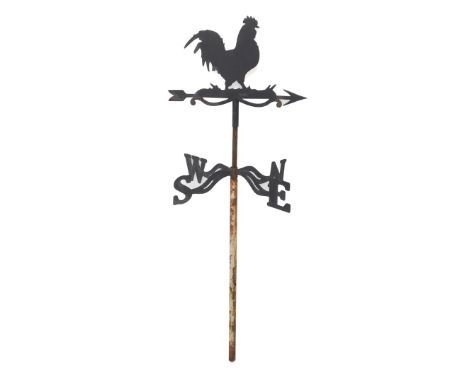 A vintage cast metal weather vane, with cockerel top, 98cm high.