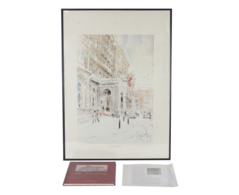 After Gordon King, The Langham Hotel, print, 61cm x 45cm, together with The Langham, from 1865, A History, by Tom Steel. The 